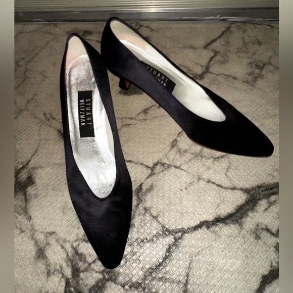 Vintage Stuart Weitzman women’s blue silk leather sole kitten heels 7 formal - Picture 11 of 14